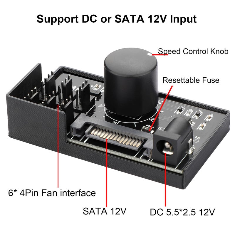 OwlTree 4 Pin 12V PWM Fan Controller 6 Fans Supported , PC Fan Adapter Hub Powered by SATA and DC 5525, Cooling Fan Speed Knob with Max Total 60W 5A Output - Image 2