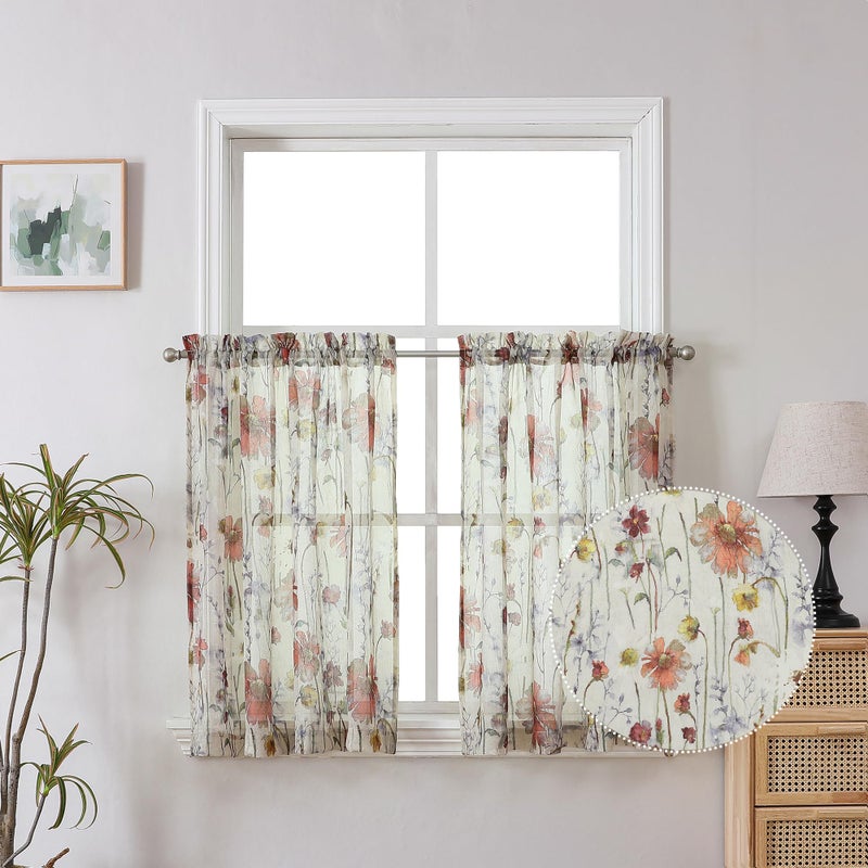 OWENIE Crushed Sheer Curtains Kitchen Tiers 36 Inch Length 2 Panels, Printed Design Small Window Half Curtains for Bathroom Cafe Bedroom Cupboard Living Room, Short Light Filtering Curtain, 42"x36" - Image 1