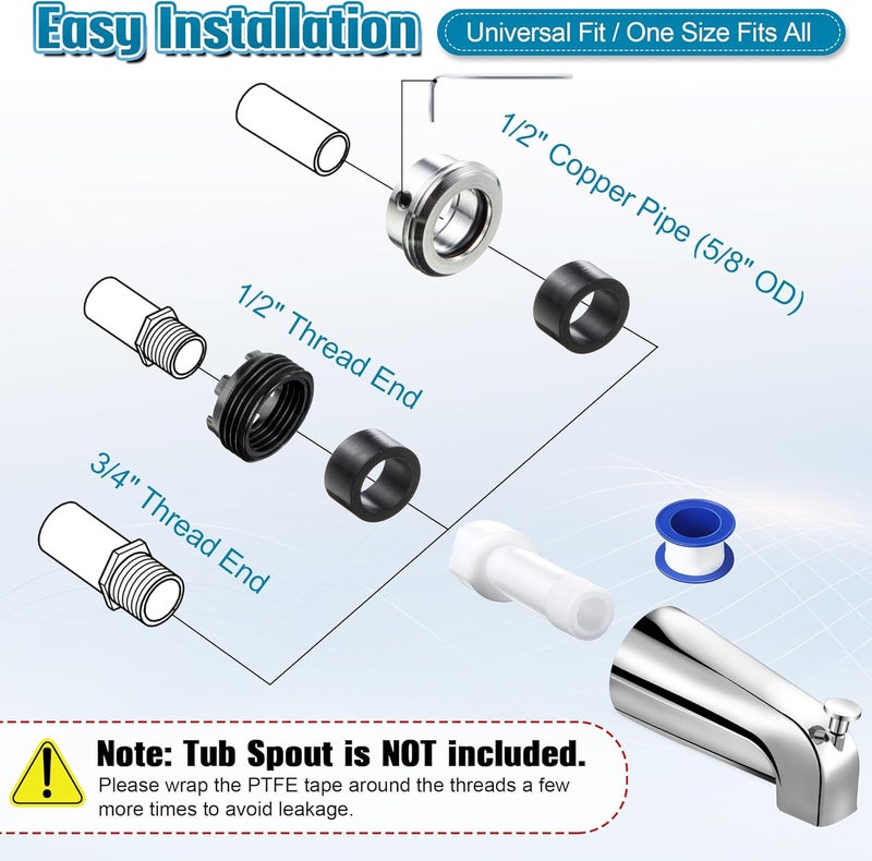 Dreyoo Four in One Tub Spout Adapter, Threaded Bathtub Faucet Adapter Slip Fit for Copper (Compatible with 1/2'' Copper Pipe, 1/2'' and 3/4'' Pipe Thread), Bathtub Spout Adapter Kit with Assembly Tool - Image 3