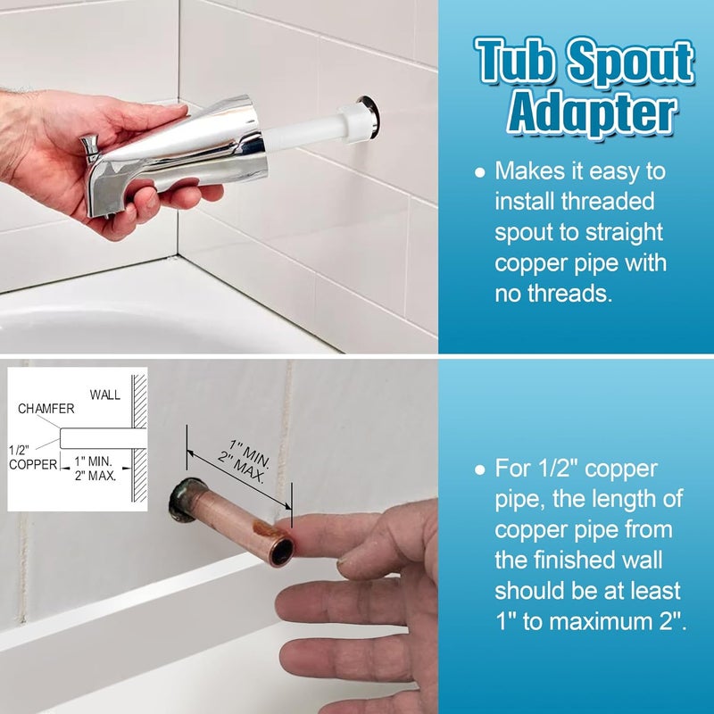 Dreyoo Four in One Tub Spout Adapter, Threaded Bathtub Faucet Adapter Slip Fit for Copper (Compatible with 1/2'' Copper Pipe, 1/2'' and 3/4'' Pipe Thread), Bathtub Spout Adapter Kit with Assembly Tool - Image 4
