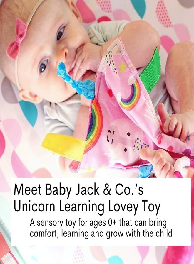 The Learning Lovey Baby Jack & Co 8x8 Unicorn Lovey Tag Toys for Babies with Crinkle Sensory Development - Soft & Safe Soother for Learning Shapes & Colors - BPA Free with Stroller Clip - Image 2