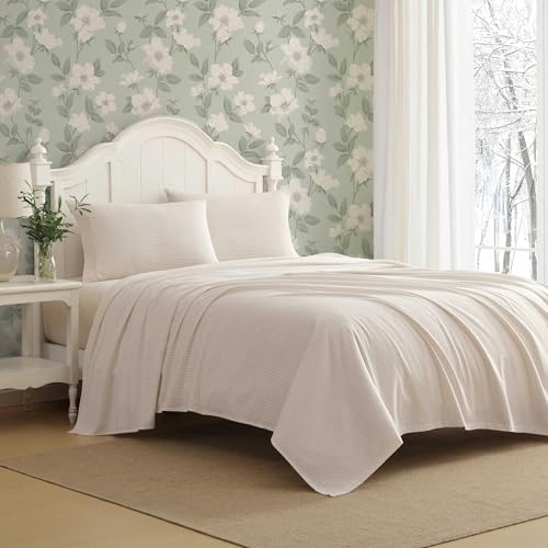 Laura Ashley Flannel Sheets Queen Size AntiPilling Wrinkle Resistant Cotton Soft for AllSeason Comfort Bed Sheets with Matching Pillowcases Fitted Sheet Oxfordshire Stripe Beige - Image 1