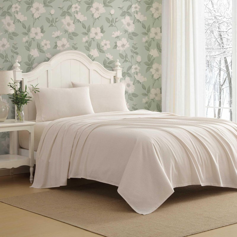 Laura Ashley Flannel Sheets Queen Size AntiPilling Wrinkle Resistant Cotton Soft for AllSeason Comfort Bed Sheets with Matching Pillowcases Fitted Sheet Oxfordshire Stripe Beige - Image 2