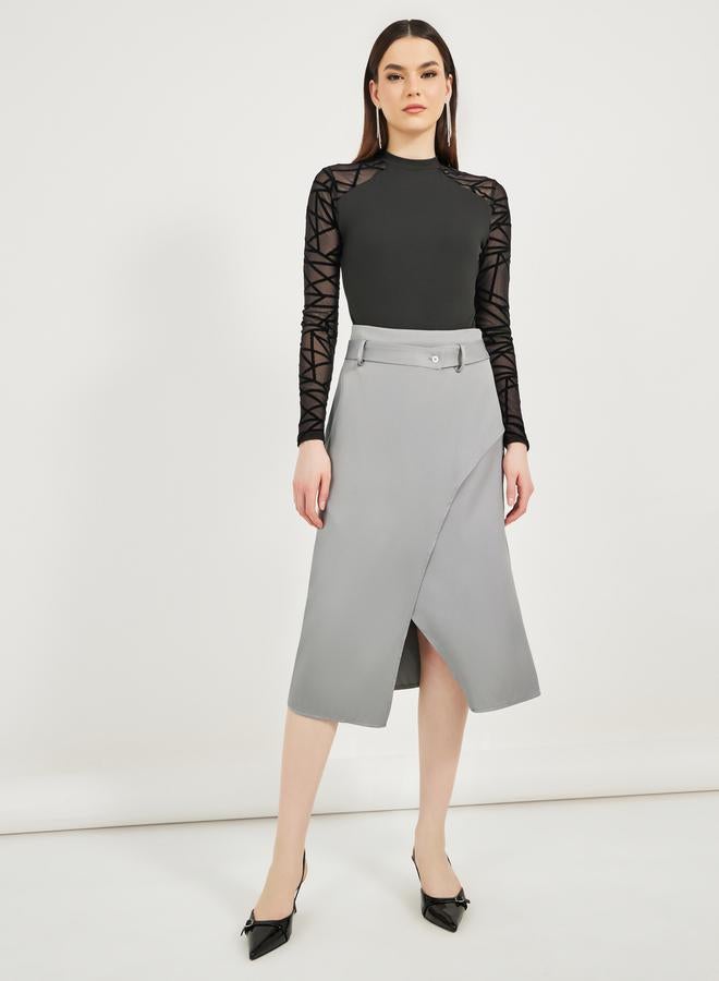Styli Solid Overlap Wrap Detail Midi Skirt  - Image 1