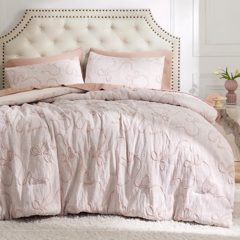 Bedsure Pink Full Size Comforter Sets for Girls, GentleSoftâ„¢ 3 Pieces Bow Comforter with 2 Pillow Shams, Cute Girls Full Size Bedding Sets Pink Room Decor Aesthetic Bedroom Decor, 82x86 Inches - Image 1
