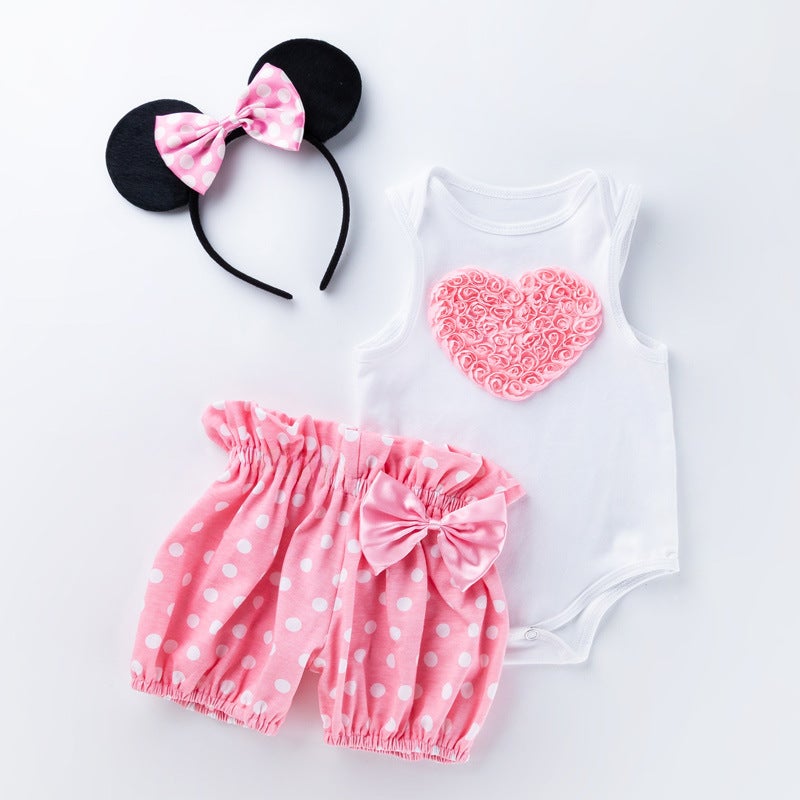 Girls Cartoon Heart Sleeveless Romper and Polka Dot Shorts Set Powder-Love 