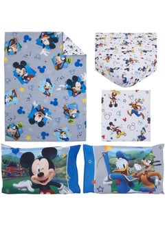 Disney Mickey Mouse Blue, Gray, Red, and White, Donald Duck, and Goofy Having Fun 4 Piece Toddler Bed Set