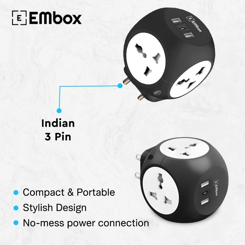 EMBOX مقبس متعدد Star Cube مع منافذ USB (2.4 A) (QC 3.0) مقابس عالمية ومؤشر LED، لوحة تمديد مع غطاء أمان، أسود - Image 2