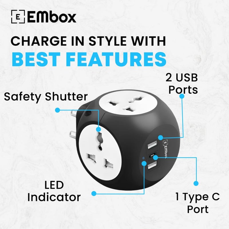 EMBOX مقبس متعدد Star Cube مع منافذ USB (2.4 A) (QC 3.0) مقابس عالمية ومؤشر LED، لوحة تمديد مع غطاء أمان، أسود - Image 3