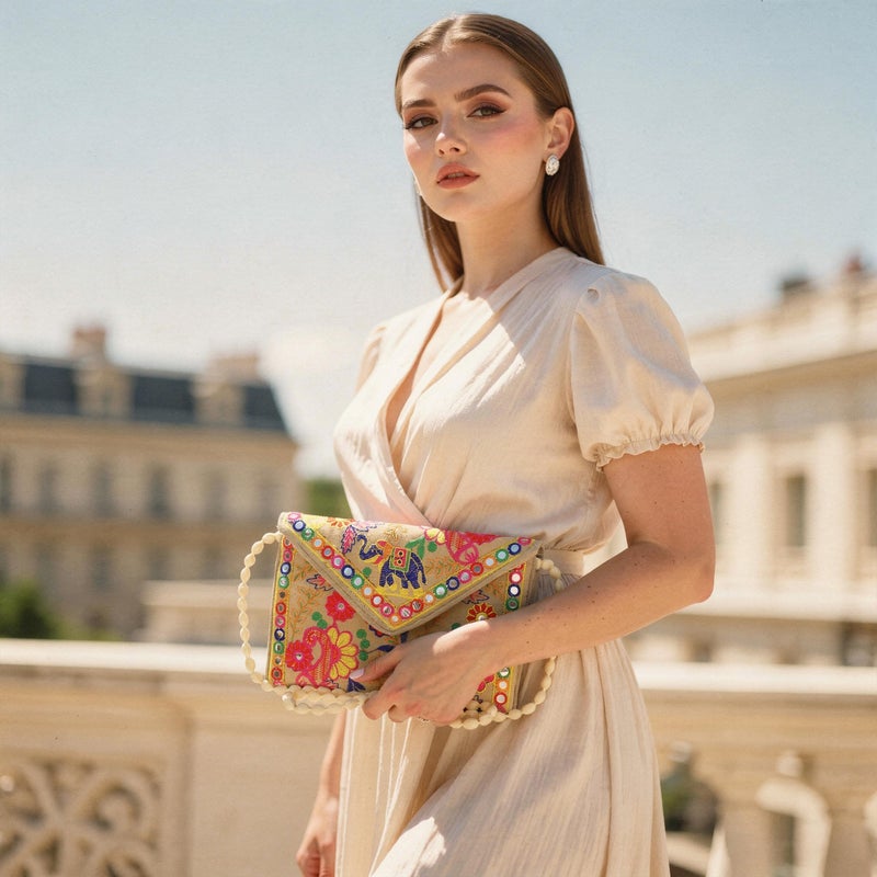 Craft Trade Clutch Bags for Women Rajasthani Hand Embroidered Mini Crossbody Bag Women's Cluches for Wedding Party Gifts (Cream Beige) - Image 2