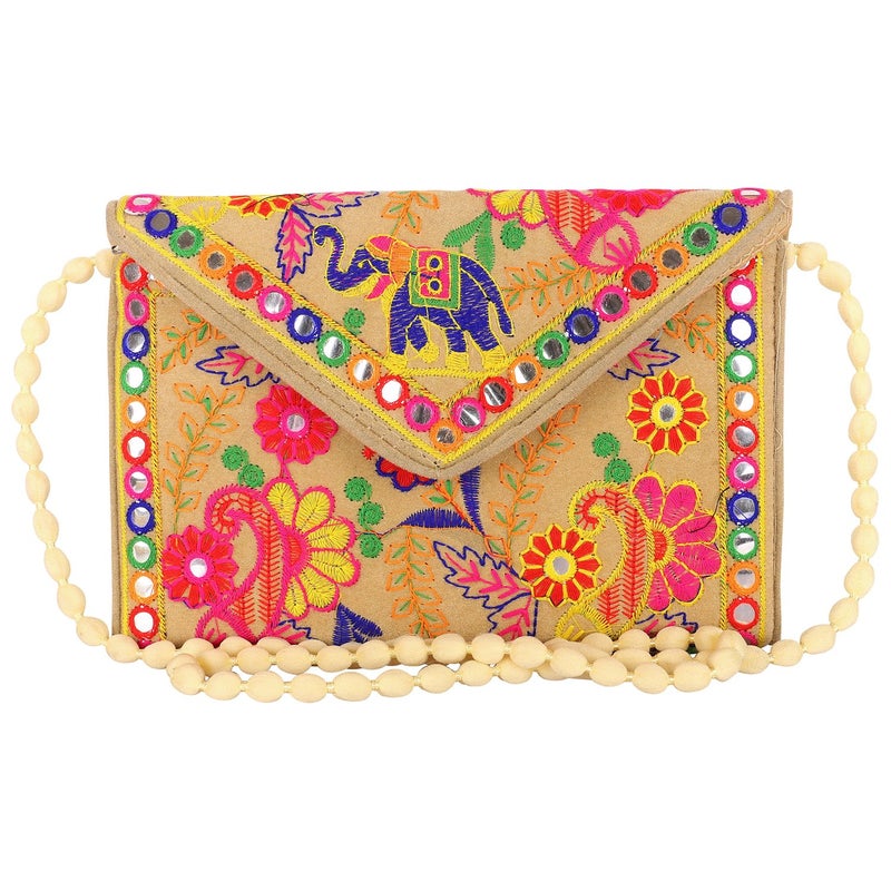 Craft Trade Clutch Bags for Women Rajasthani Hand Embroidered Mini Crossbody Bag Women's Cluches for Wedding Party Gifts (Cream Beige) - Image 1