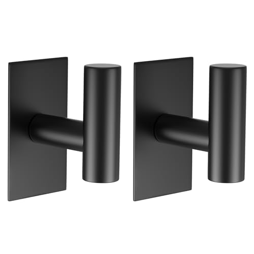 VAEHOLD Wall Towel Hooks Heavy Duty Sticky Holder Waterproof Towel Hooks for Hanging Coat Clothes Closet Hook Wall Mount for Kitchen Black 2 Pack