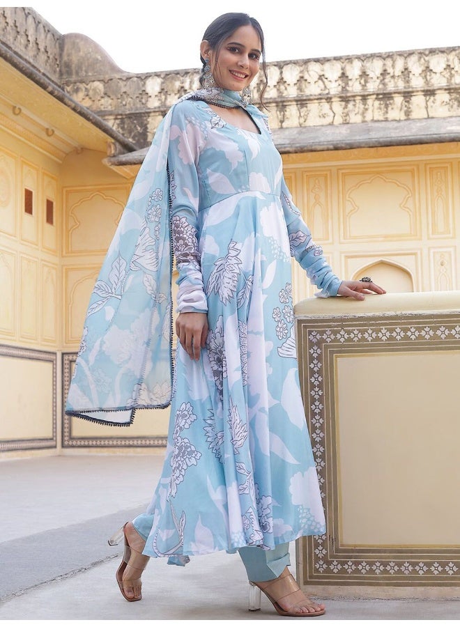 AKS Couture Floral Printed Regular Anarkali Kurta with Trousers & Dupatta - Image 3