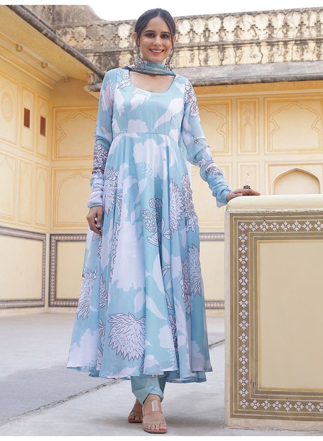 AKS Couture Floral Printed Regular Anarkali Kurta with Trousers & Dupatta - Image 1