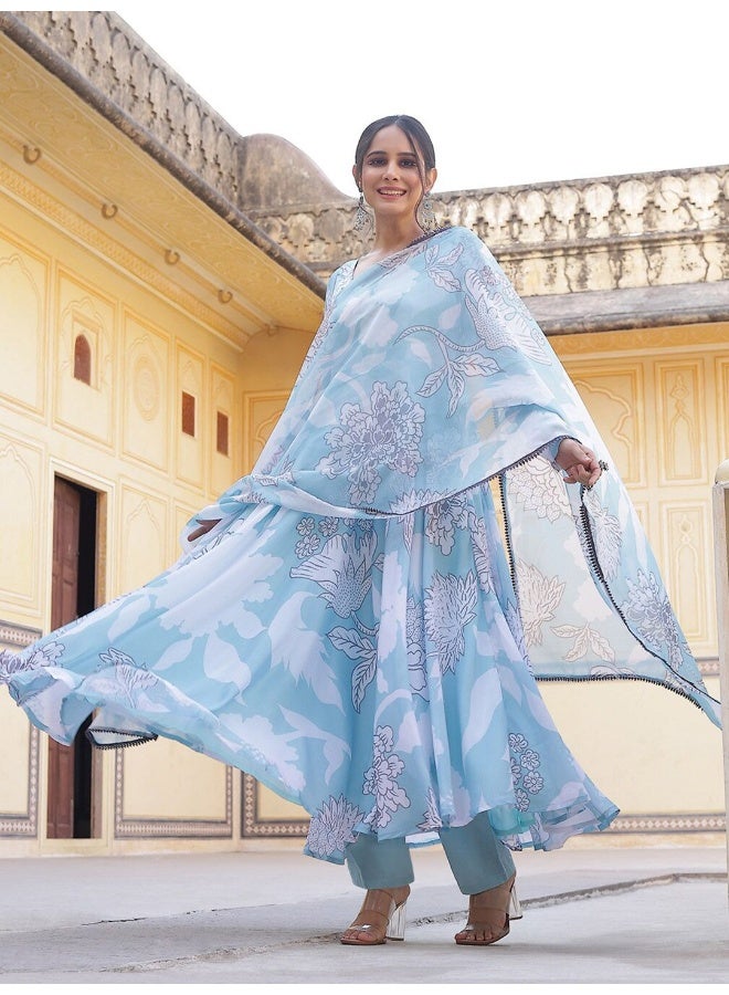 AKS Couture Floral Printed Regular Anarkali Kurta with Trousers & Dupatta - Image 4