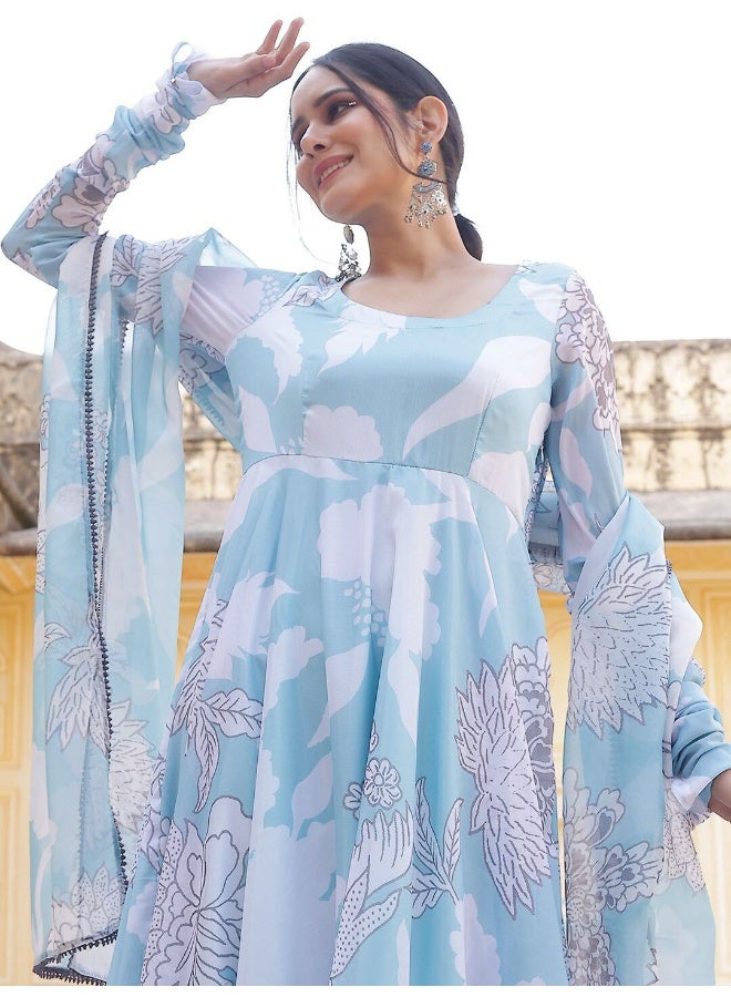 AKS Couture Floral Printed Regular Anarkali Kurta with Trousers & Dupatta - Image 2