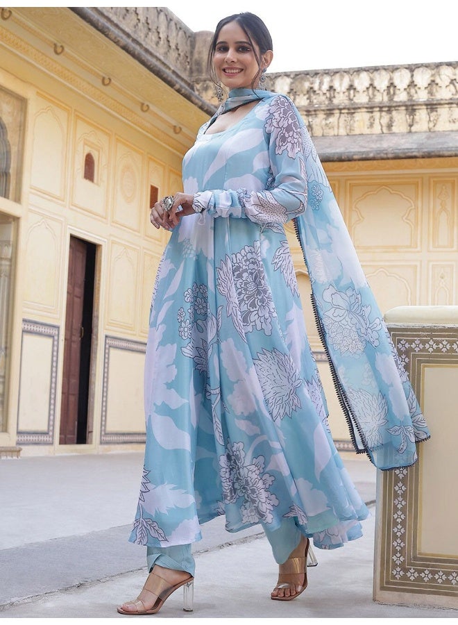 AKS Couture Floral Printed Regular Anarkali Kurta with Trousers & Dupatta - Image 5