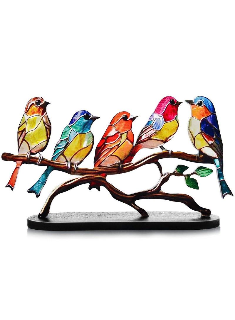 SYOSI Stained Glass Birds on Branch Desktop Ornaments,Metal Vivid Craft Desktop Ornaments for Home Office Decor,Bird Series Metal Decorations, Gift for Housewarming Decor and Bird Lover (5 Birds) - Image 1
