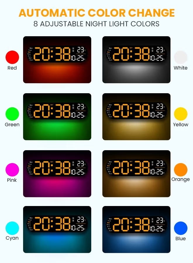 ZONBON LED Digital Clock, Digital Wall Clock with Remote Control, RGB Atmosphere Lights with 8 Adjustable Night Light Colors, Dual Alarms, Temperature for Room - Image 4