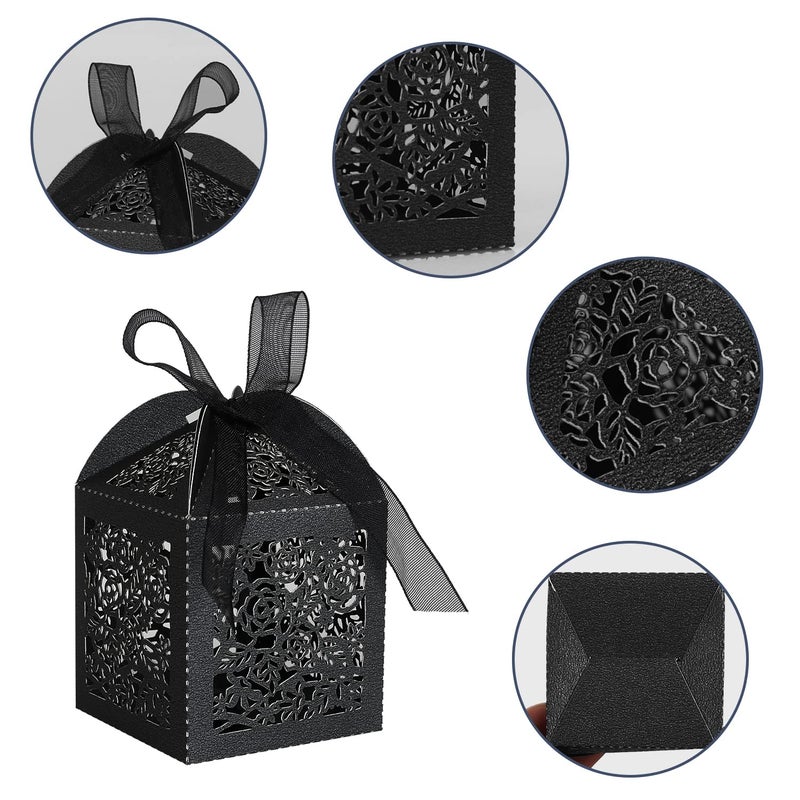 DOYIDE 50pcs Laser Cut Favor boxes, Wedding Favors Candy Boxes with Ribbons and Tags, Small Gift Boxes for Wedding,Party,Baby Shower,Bridal Shower (50-2x2x2.76, Black) - Image 5