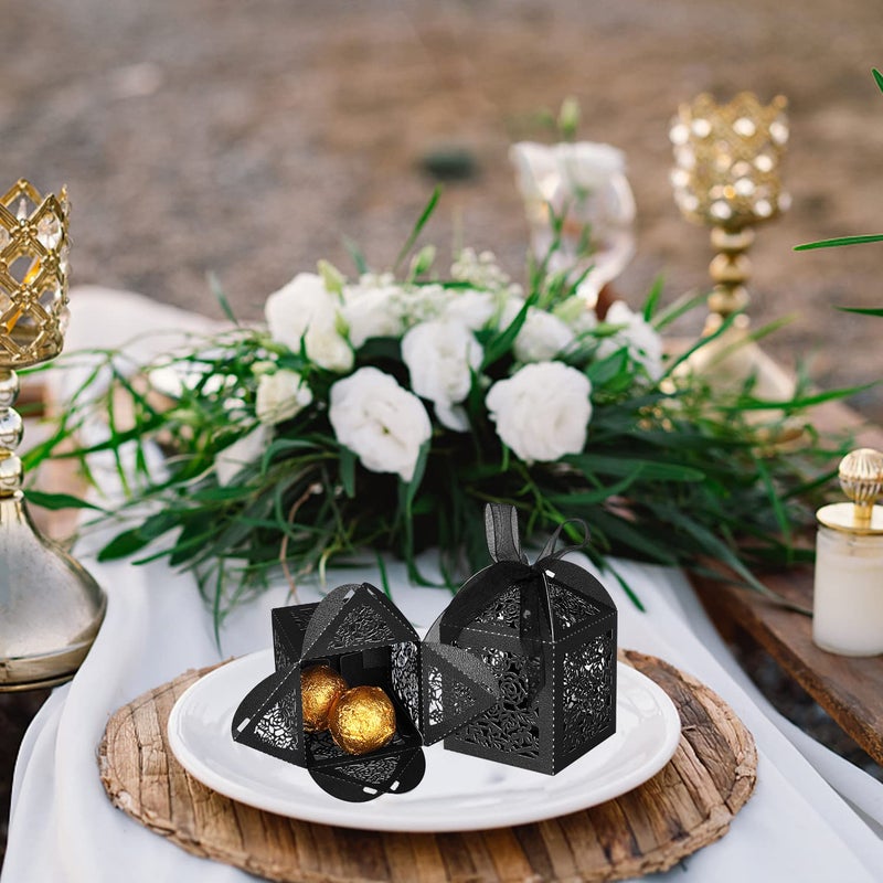 DOYIDE 50pcs Laser Cut Favor boxes, Wedding Favors Candy Boxes with Ribbons and Tags, Small Gift Boxes for Wedding,Party,Baby Shower,Bridal Shower (50-2x2x2.76, Black) - Image 3