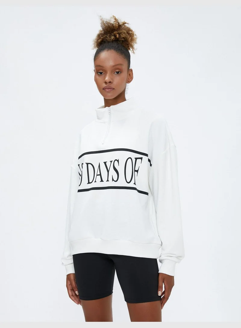 KOTON Oversized Slogan Printed Half Zipper Detail Sport Sweatshirt