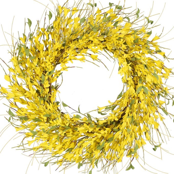 24 SPRING WREATHS FOR FRONT DOOR ARTIFICIAL FORSYTHIA FLOWER WREATH ON GRAPEVINE YELLOW WREATH WITH GREEN LEAVES SILK FLORAL WREATH FOR HOME INDOOR WALL WINDOW GARDEN PORCH FARMHOSUE DECOR