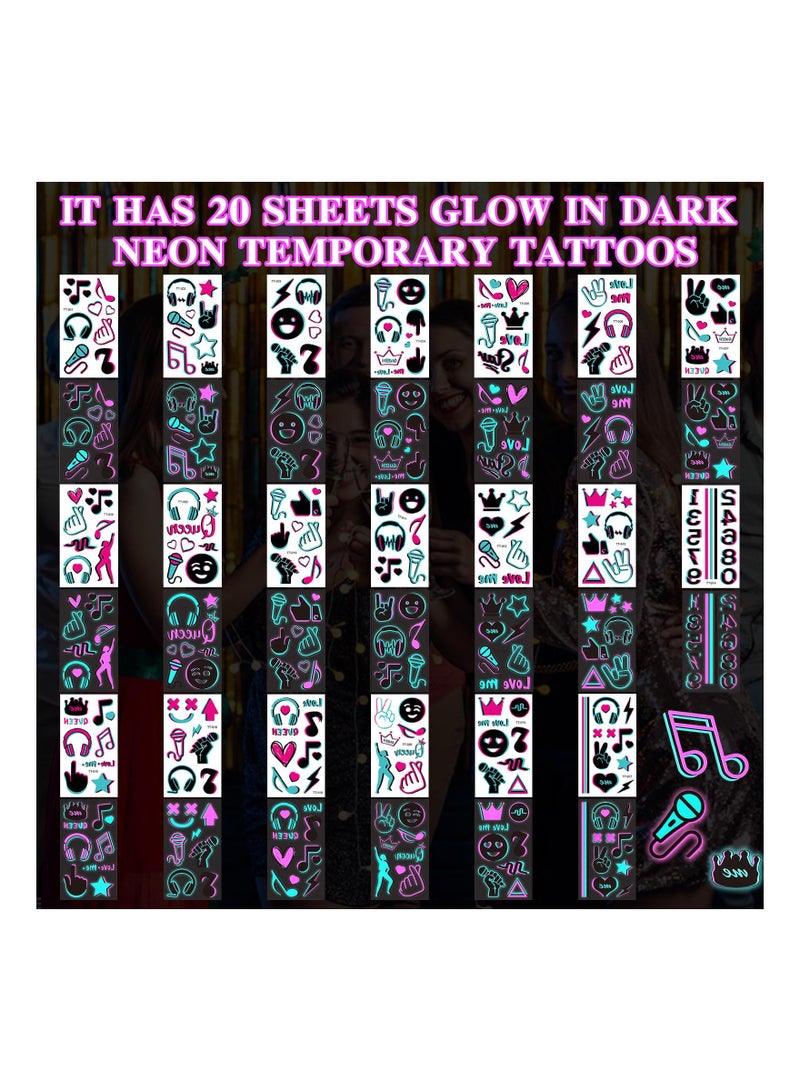 SYOSI 20 Sheet 120 Patterns Glow in the Dark Music Body Stickers, Glow Theme Party Body Stickers with Luminous Neon Pink Blue Music Crown Note for Adults Kids Halloween Party Concert Make Up Face Stickers - Image 3