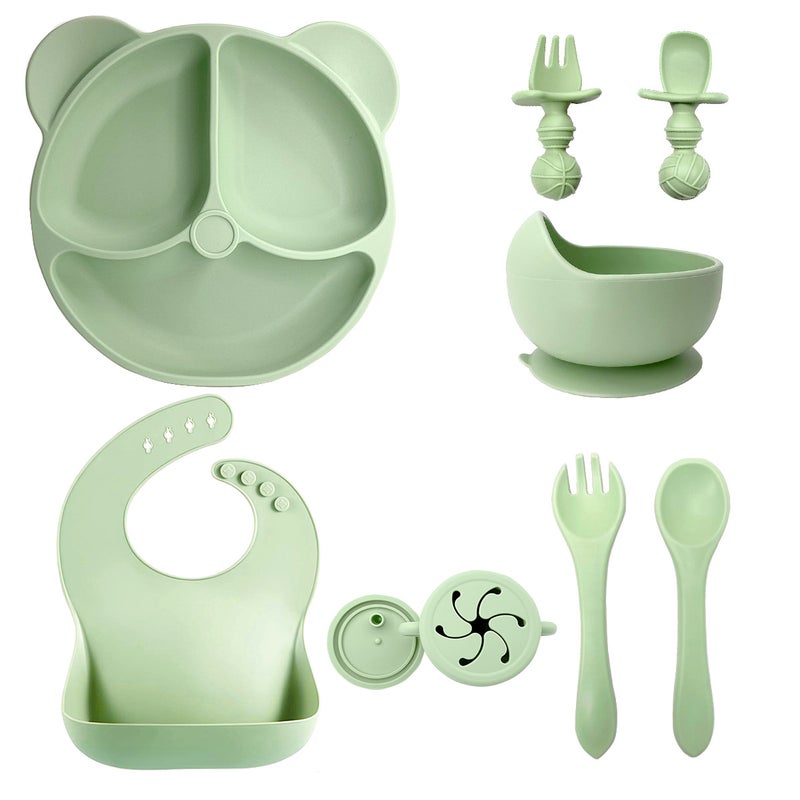Silicone Baby Dining Set Soft Bib Bowl Spoon10 pieces of dark green-bear plate + snail bowl +2 in 1 cup + Bib + long fork spoon + short ball fork spoon 10 pieces of dark green-bear plate + snail bowl +2 in 1 cup + Bib + long fork spoon + short ball fork spoon