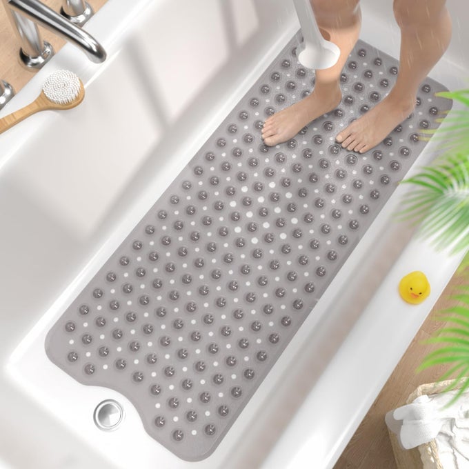 NON SLIP BATH MAT FOR TUB 101 X 40CM EXTRA LONG SHOWER MAT ANTI MOULD MACHINE WASHABLE BATHROOM BATHTUB MAT WITH SUCTION CUPS AND DRAIN HOLES SOFT ON FEET CLEAR GREY