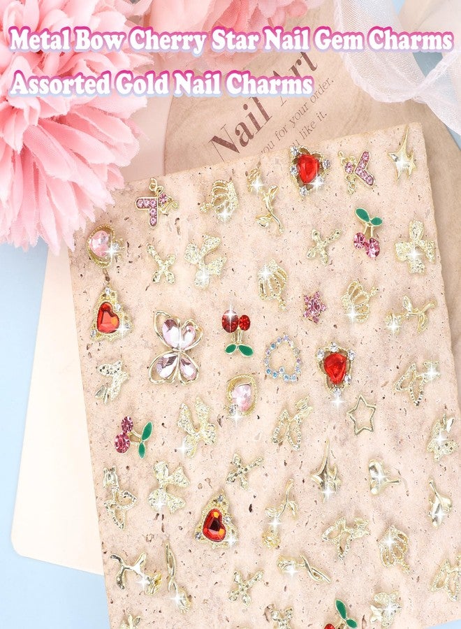 Uotey 130 Pcs Gold Nail Gems and Charms, 3D Metal Star Heart Cherry Butterfly Nail Gem Rhinestone Charms, Assorted Gold Rose Flower Bowtie Crown Dollar Cross Nails Charm for Acrylic Manicure DIY Supplies - Image 4