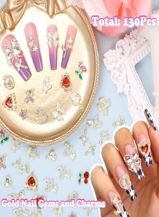 Uotey 130 Pcs Gold Nail Gems and Charms, 3D Metal Star Heart Cherry Butterfly Nail Gem Rhinestone Charms, Assorted Gold Rose Flower Bowtie Crown Dollar Cross Nails Charm for Acrylic Manicure DIY Supplies - Image 3