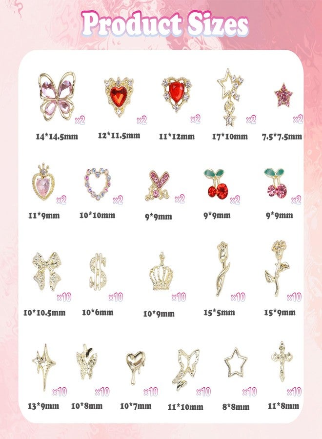 Uotey 130 Pcs Gold Nail Gems and Charms, 3D Metal Star Heart Cherry Butterfly Nail Gem Rhinestone Charms, Assorted Gold Rose Flower Bowtie Crown Dollar Cross Nails Charm for Acrylic Manicure DIY Supplies - Image 2