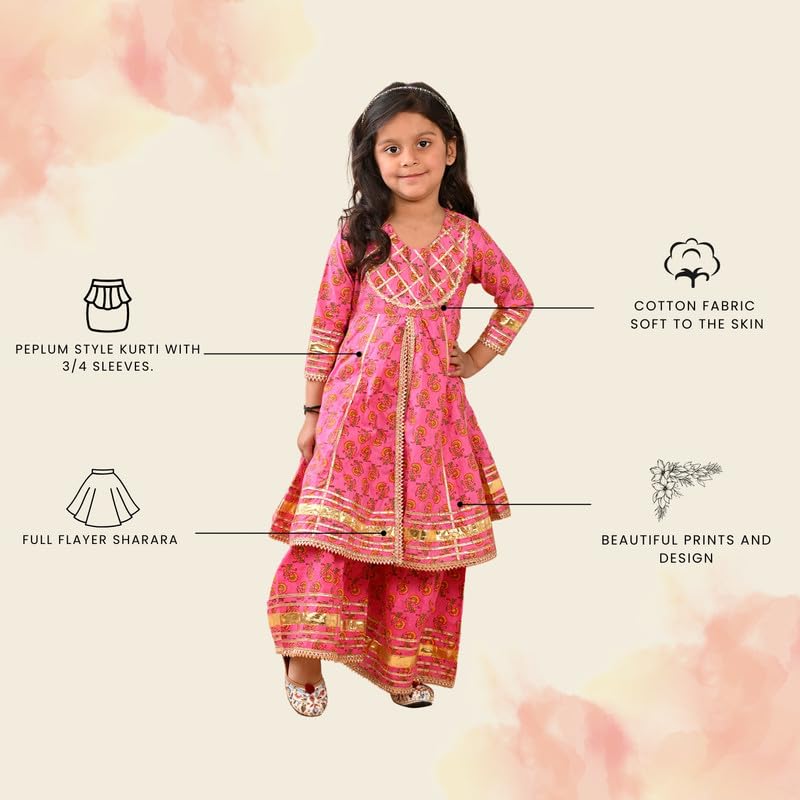 superminis Girls Cotton Floral Printed Gotta Work 3/4 Sleeves Kurti and Matching Sharara Ethnic Wear Set (4-5 Years, Magenta) - Image 2