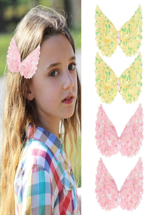 CURASA Butterfly Hair Clips For Girls 4PCS Sequin Hair Bow Pins Hair Barrettes Glitter Alligator Clips Colorful Ribbon Hair Accessories Decorative Hairclips For Toddlers Teens Baby(Yellow, Light Pink) - Image 1