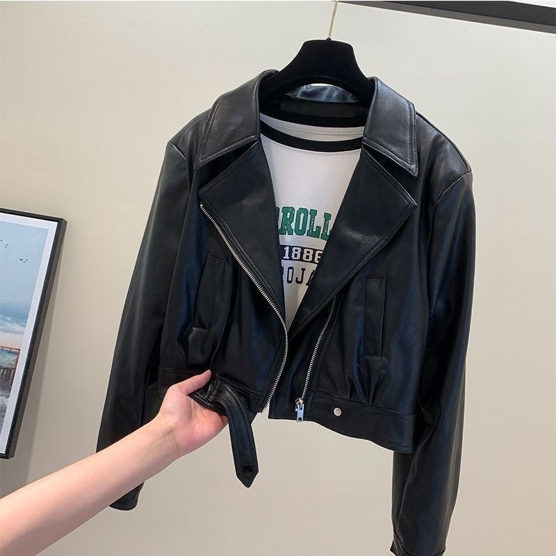 European-Style Leather Jacket For Women, 2025 Spring New Elegant Turn-Down Collar, Petite Short Pu Leather Slimming Versatile Jacket - Image 4