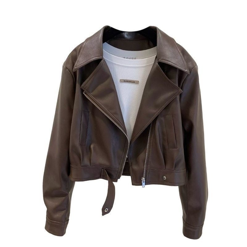 European-Style Leather Jacket For Women, 2025 Spring New Elegant Turn-Down Collar, Petite Short Pu Leather Slimming Versatile Jacket - Image 5