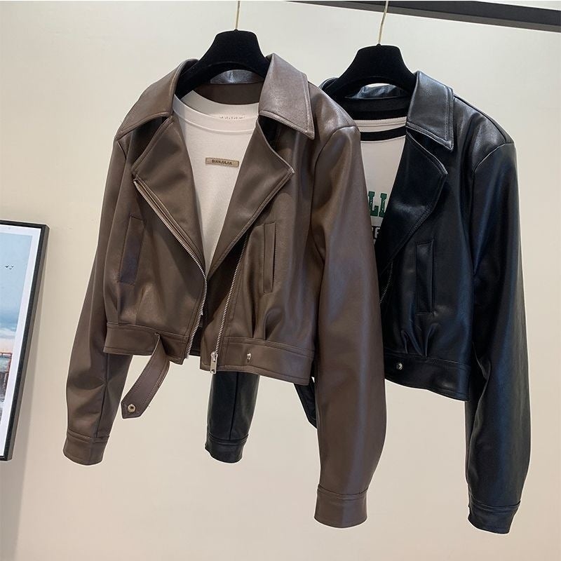 European-Style Leather Jacket For Women, 2025 Spring New Elegant Turn-Down Collar, Petite Short Pu Leather Slimming Versatile Jacket - Image 2