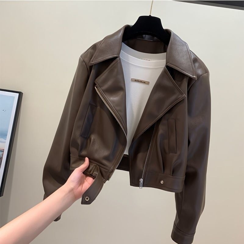 European-Style Leather Jacket For Women, 2025 Spring New Elegant Turn-Down Collar, Petite Short Pu Leather Slimming Versatile Jacket - Image 3