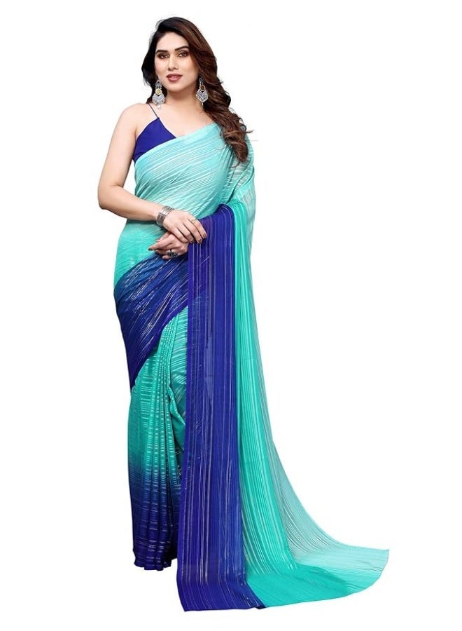 ANAND SAREES Women's Regular Fit Silver Striped Bollywood Georgette Saree with Matching Blouse Piece | Stylish, Comfortable & Fancy Saree for Parties, Weddings, Casual Outings, Festivals - Image 1