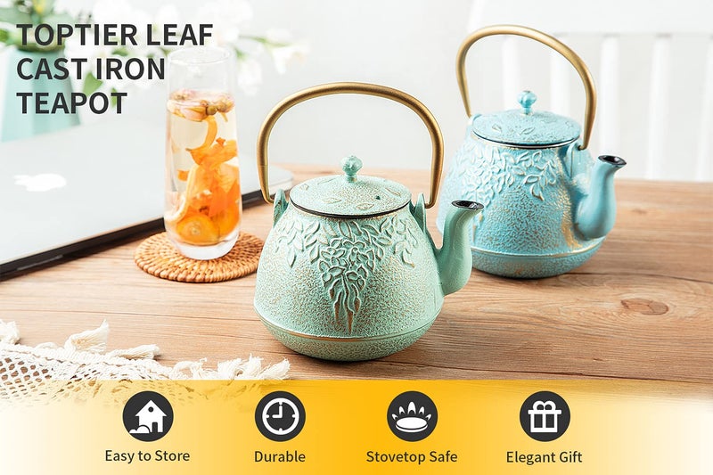 TOPTIER Japanese Teapot with Stainless Steel Infuser, Cast Iron Tea Kettle Stovetop Safe, Leaf Design Coated with Enameled Interior for 32 Ounce (950 ml), Light Green - Image 2
