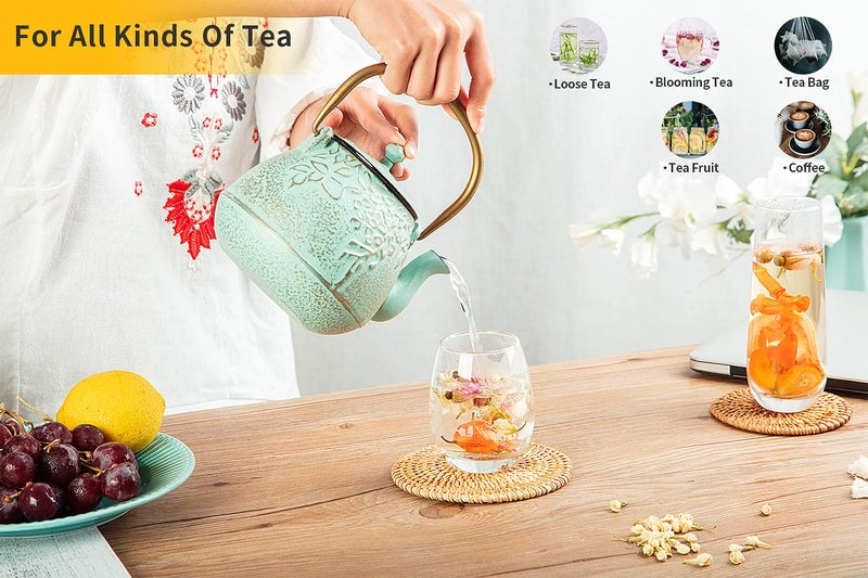 TOPTIER Japanese Teapot with Stainless Steel Infuser, Cast Iron Tea Kettle Stovetop Safe, Leaf Design Coated with Enameled Interior for 32 Ounce (950 ml), Light Green - Image 5