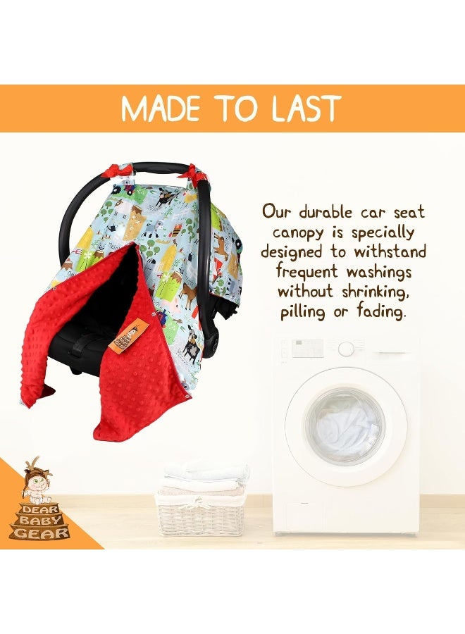 Dear Baby Gear Carseat Canopy with Snap Opening for Girls & Boys - Infant Car Chair Canopies - Nursing Covers - 37"x29" (Farm Life Animals and Tractor, Red) - Image 2