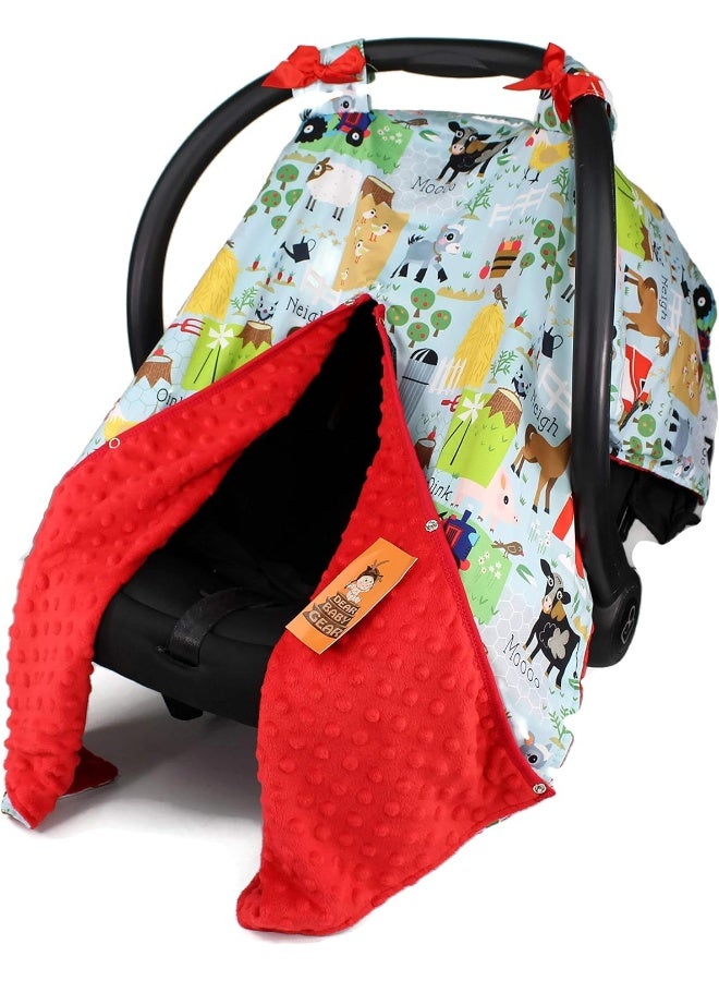 Dear Baby Gear Carseat Canopy with Snap Opening for Girls & Boys - Infant Car Chair Canopies - Nursing Covers - 37"x29" (Farm Life Animals and Tractor, Red) - Image 1