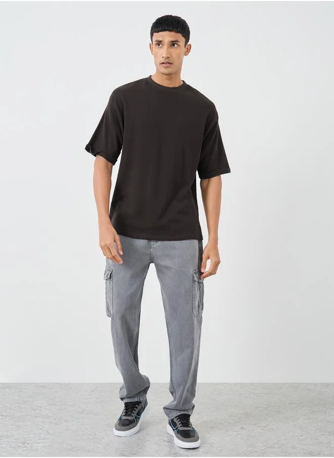 ستايلي Styli Waffle Knit Oversized T-Shirt with Turn-Up Sleeves