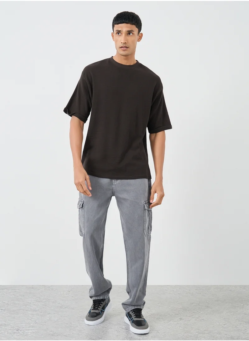Styli Styli Waffle Knit Oversized T-Shirt with Turn-Up Sleeves