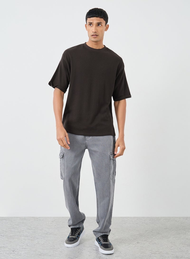 Styli Styli Waffle Knit Oversized T-Shirt with Turn-Up Sleeves  - Image 2
