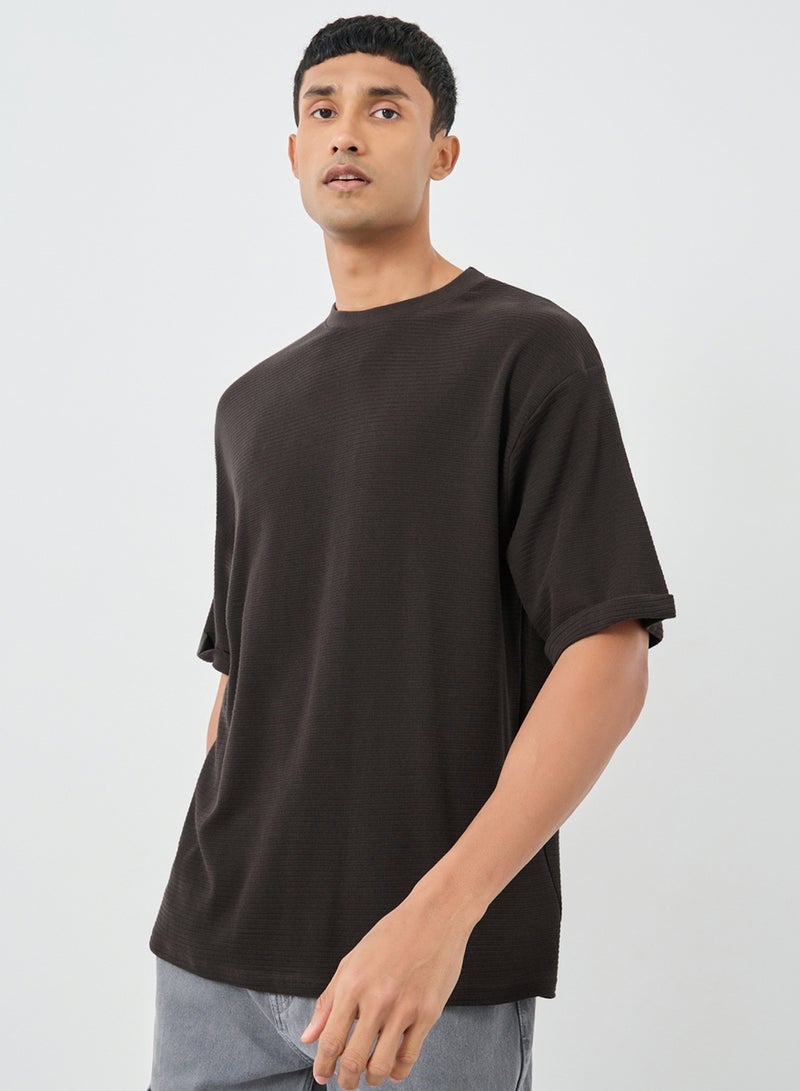 Styli Styli Waffle Knit Oversized T-Shirt with Turn-Up Sleeves  - Image 1