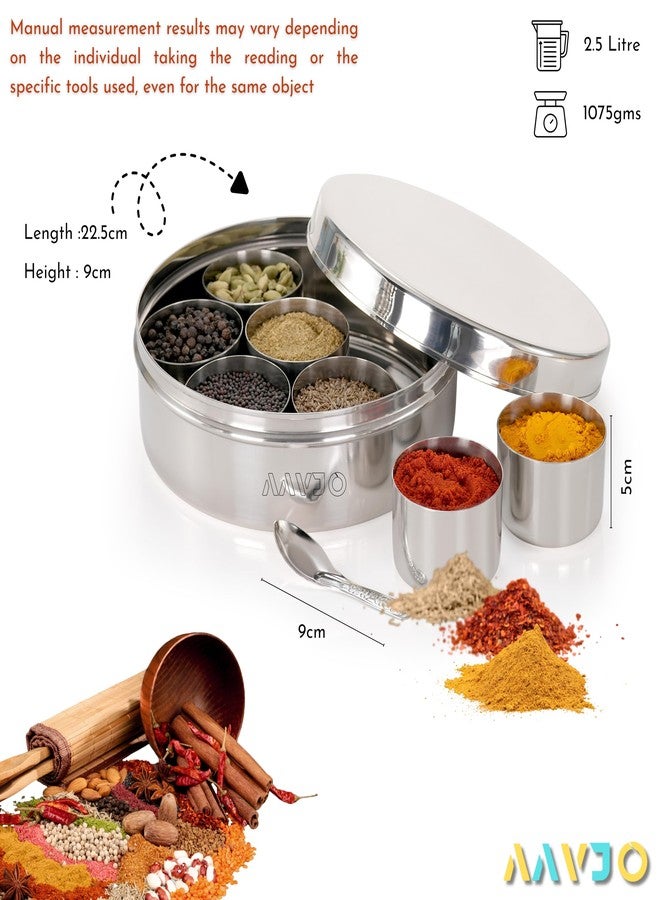 Aavjo Stainless Steel Masala Dabba Spice Storage Box with Airtight Lid | 7 Containers Spoon Set | X-Large Size 2.5 Ltr | Dry Fruits and Spice Organiser for Kitchen - Image 2