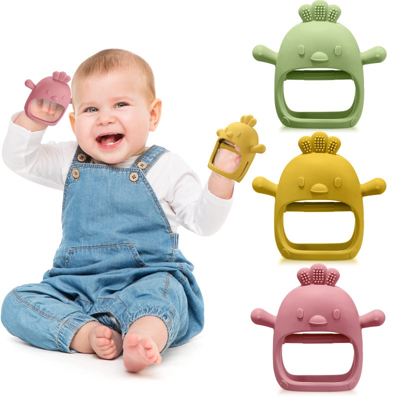 Chumia 3 Pack Baby Teether Teething Toys for Babies 06 Months Baby Teething Toy Silicone Anti Dropping Infant Hand Teether Pacifiers Wrist Hand Chew Toys for Sucking NeedsOlive Green Red Yellow Chick